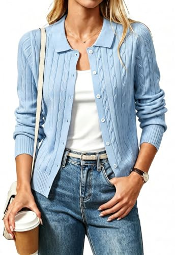 YUNDAI Womens Polo Neck Long Sleeve Button Down Lightweight Knit Cardigan | Soft knit polo collar cardigan with cable texture, lightweight button front, great for daily casual wear and outer layering