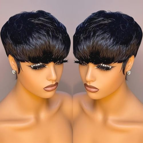 Echthaar-Kurzperücke für Frauen,Pixie Cut Perücken 100% Naturhaar Klebelose Perücke Ohne Spitze Pony mit Pony Glatt Vollmaschinell gefertigt Kurze gestufte Perücke 1B, Natur Schwarz