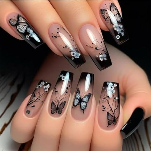 Evadollina Ongles Pression, 24 Pièces Ongles à Coller, Art d'Ongle Papillon Noir, Tips pour Ongles, Faux Ongles
