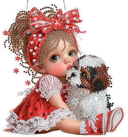 MXJSUA Diamond Painting Anhänger mit Kette Erwachsene, Diamant Painting Fensterbilder Hängende Ornament Bastelset Set für Wand Und Eingang Decor 20x20CM （Mädchen Und Hund）