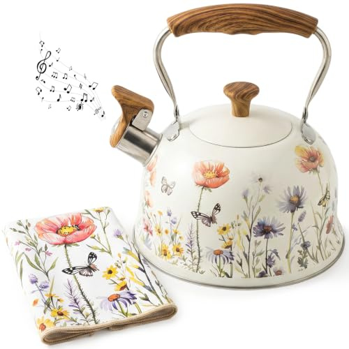 Stove Top Kettle，3L Vintage Floral Whistling Kettle Stainless Steel for Gas Stoves, Anti-Hot Handle Induction Kettle, Fast Boil Camping Kettle for Tea and Coffee