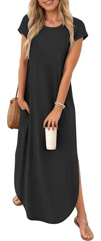 PLOKNRD Sommerkleid Damen Tasche T-Shirt Maxi Kleid Kurzarm Schlitz A Linie | Rundhalsausschnitt Strandkleider Freizeit Shirtkleid Sportliche Kleider Tunika Lang Blusenkleid MaxiKleid Loose Boho Party