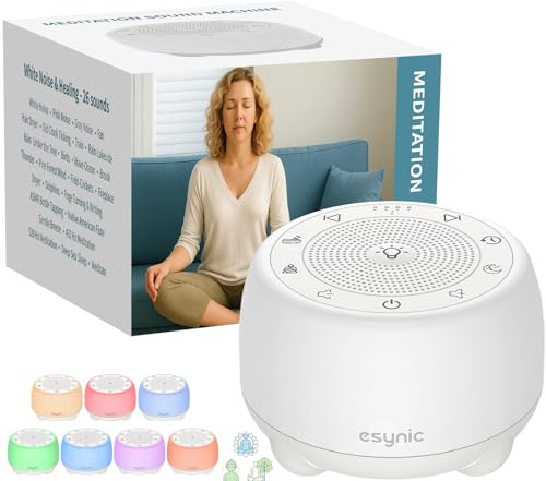 eSynic Portable Tibetan Singing Bowl Electronic-38 Sounds Rechargeable White Noise Machine with 7 Lights & 30h playback-15-90 Minutes Timer-Premium 3D Audio-for Meditation Yoga Sleep Stress Relief