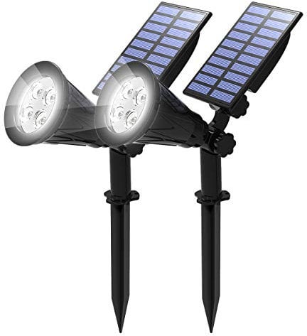 T-SUN (2 Pack LED Solar Spotlight, Waterproof Outdoor Security Garden Landscape Lamps, 180°Angle Adjustable,Daylight 6000K, Auto-on at Night/Auto-Off by Day for Tree, Yard,Lawn,Pathway.