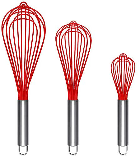 TEEVEA (Upgraded) 3 Pack Very Sturdy Kitchen Whisk Silicone Balloon Wire Whisk Set Egg Beater Milk Frother Kitchen Utensils Gadgets for Blending Whisking Beating Stirring Red