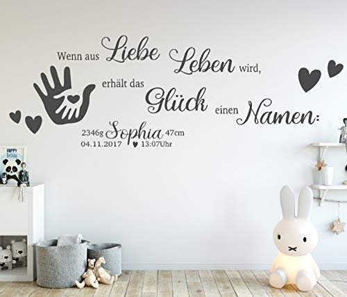 tjapalo® dgr-tk42 Wandtattoo Kinderzimmer Baby Wandtattoo Spruch wenn aus Liebe Leben wird mit Name Geburtsdaten Datum Wunschname, Größe: B90xH30cm