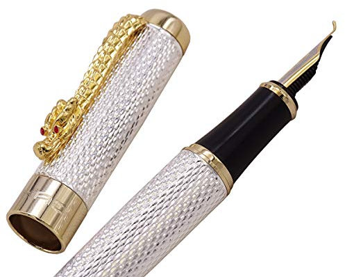 Jinhao 1200 Fountain Pen Fude Pen Bent Nib Dragon Clip Variation Color Set (Silver Fude Pen)