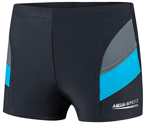 Aqua Speed Badehosen für Jungs eng + gratis eBook | Kurze Schwimmhosen Jungen | Kinderbadehose | UV Badebekleidung | 32. Grau Blau Gr. 134 | Andy