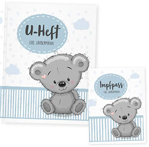 U Heft Hülle und Impfpass Hülle Set Tiere (Uheft Set personalisiert, Koala Blau)