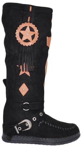 Stivali Donna Indianini Nero al Ginocchio con Frange Zeppa Interna 5 cm e Stemma Scamosciati Alti Moda