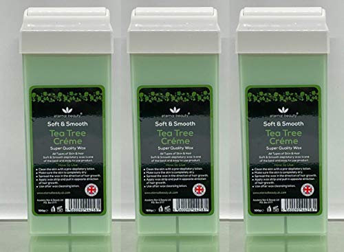 Tea tree Creme Wax Cartridge for Hair Removal - 100g Roll-On Depilatory Wax by Eternal Beauty | For All Skin & Hair Types | Vegan, Easy to Use, Professional Waxing Refill for Wax Heater (PACK OF 3)