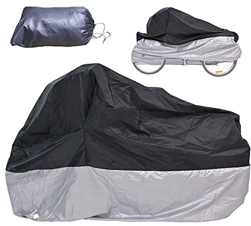 Bike Cover, Waterproof Outdoor Storage Bicycle Cover Adult Tricycle Cover Motorcycle Covers, Heavy Duty Ripstop Material, Rain Sun UV Dust Wind Proof with Lock Hole & Storage Bag (Black and Silver)
