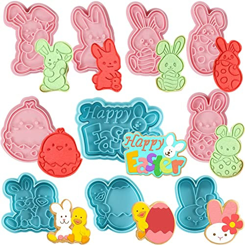 Oster-Ausstechformen-Set, 10 Stück, Kunststoff-Stempel, Keksformen mit 3D-Bunnen, Küken, Ostereier für Frühlingsthema, Backform