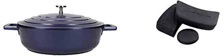 MasterClass MCMSCRD28BLU Lightweight Casserole Dish with Lid, Cast Aluminium, Metallic Blue & MCMCASS3PC Pan Handle Sleeve Set for Cast Aluminium Casserole Pots, Easy Grip Silicone, 3 Pieces