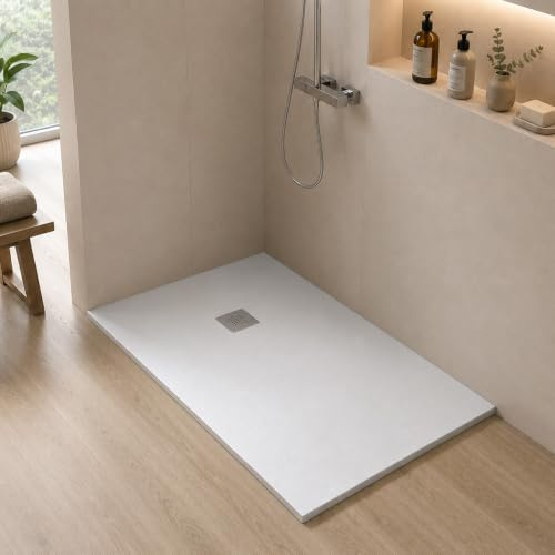 Piatto doccia marmoresina con effetto pietra serie Karen, in diverse dimensioni e colori, spessore ultraslim 3 cm, riducibile su misura (80x120, Bianco)