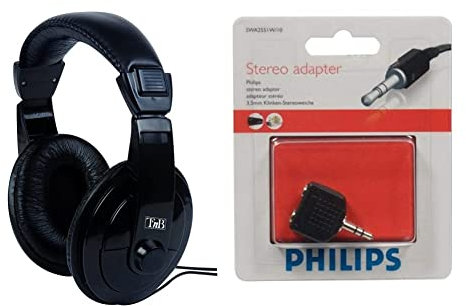 T'nB Auriculares Diadema HiFicon Cable Extra Largo de 8 Metros y Control de Volumen, Ideales para la TV + Philips SWA2551WAdaptador estéreo 2/1 para Auriculares (3.5 mm), Negro