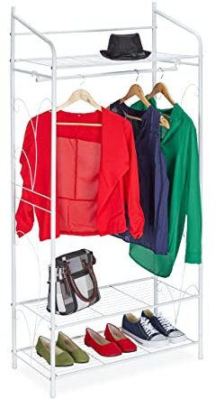 Relaxdays Kleiderständer Metall, Garderobenständer Vintage, HxBxT: 161 x 78 x 36 cm, 3 Ablagen & Kleiderstange, weiß