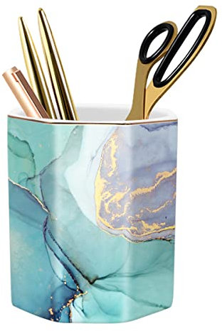 WAVEYU Stiftebecher für Schreibtisch, niedlich, Stifteständer, Büro, Schreibtisch-Organizer für Männer und Frauen, Keramik-Marmor-Make-up-Pinselhalter für Zuhause, grüner Marmor