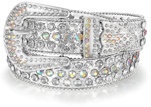LEACOOLKEY Cintura con strass per uomo e donna, cintura in pelle lucida per jeans, pantaloni, abiti, A-argento., M