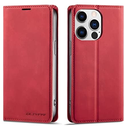 QLTYPRI Case for iPhone 14 Pro Max, Premium PU Leather Cover TPU Bumper with Card Holder Kickstand Hidden Magnetic Adsorption Flip Wallet Case Cover for iPhone 14 Pro Max - Red