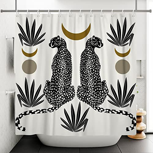 Bovlleetd 152x183cm Art Abstrait Rideau de Douche Noir et Blanc Silhouette de Léopard Rideau de Salle de Bains Aquarelle Plantes Tropicales Feuille de Palmier Rideaux de Douche