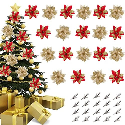FINDIR 20pcs Weihnachtsdekoration Blumen Weihnachtsblumen Deko Weiß Gold Rot Kunstblumen Weihnachten mit 20pcs kleine Metallclips Baumschmuck Weihnachten Blumen für Weihnachtsbaum Weihnachtskranz