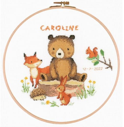 Vervaco Gezählter Kreuzstich Stickpackungen mit Stickrahmen Stickset Baby Geburt Waldtiere Wanddekoration Handarbeit Set für Erwachsene Kreatives Handwerk ca. 24 x 24 cm Geburt Geschenk Hausdeko