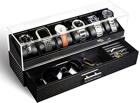 KAMIER Uhrenbox Herren mit 6 Fächern, Echtholz Uhrenkoffer 2 Ebenen, Uhrenkasten mit herausnehmbaren Uhrenkissen und Schublade, Geschenke für Vater und Freund, Carbon Fiber