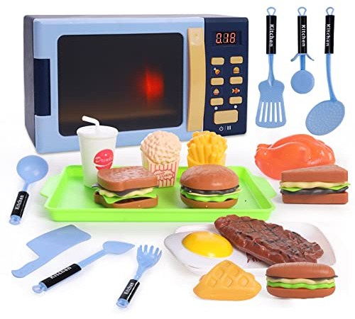 Cuterabit Kids Microwave Toy with Light and Sound, Realistic Toy Kitchen Appliances, Play Kitchen Accessories and Play Food for Toddlers 3 Year Old Up Girls Boys, Blue