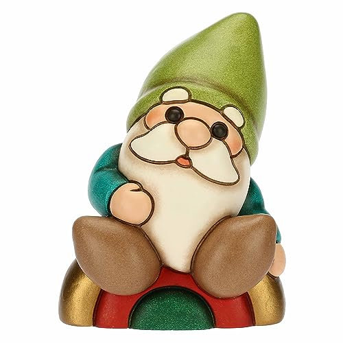 THUN, Gnomo Oliver Su Arcobaleno in Ceramica Decorata a Mano, Linea Bosco Magico, 7.1x5.3x9.5 cm h