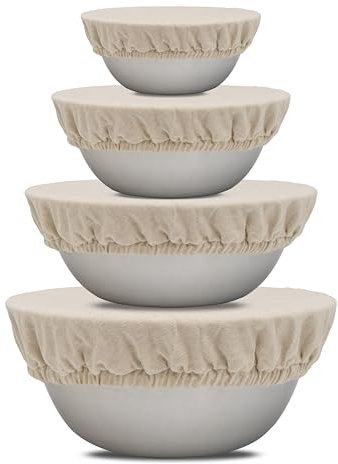 Reusable Cloth Bowl Covers - 100% Cotton Fabric Bowl Covers Set to Cover Fruits, Vegetables and Regulate Moisture - Elastic Bowl Covers for Salads, Bread & Leftovers (Off White, 1XL, 1L, 1M, 1S)