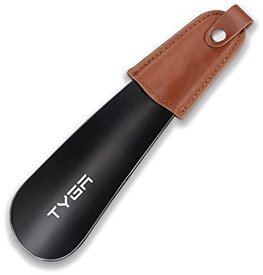TYGA STORE Metal Shoe Horn - Short 17cm Shoehorn Lazy Shoe Helper, Small Shoe Horns With Leather Handle Strap, For Men, Women and Kids (Black, 1)