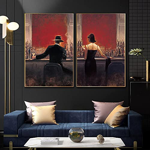 Modernes Wandkunst-Poster, Gentleman und Mädchen, Leinwandgemälde, Weinrestaurant, Bild für Bar, Küche, ohne Rahmen, Wanddekoration, 60 x 80 cm x 2, rahmenlos