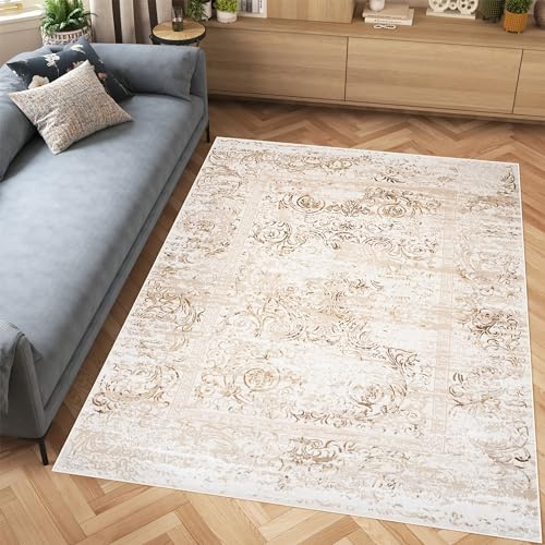 TAPISO Hera Teppich Kurzflor Glänzend Beige Creme Braun Abstrakt Flecken Verwischt Meliert 3D Effekt Wohnzimmer Schlafzimmer Modern Design ÖKO-TEX 140 x 200 cm