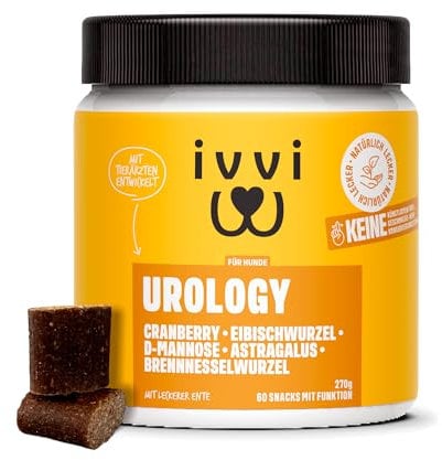 ivvi Urology - Snacks para apoyar la Salud urinaria y renal de los Perros. Contiene malvavisco, arándano, D-mannosa, Vitamina C, Regaliz, astrágalo y ortiga. 60 Snacks (270g) con 30% de Pato