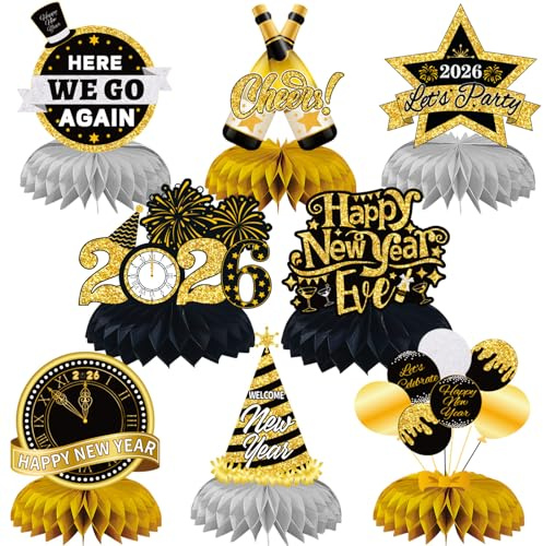 JULMELON 8 Stück Silvester Tischdeko 2026 Papier Neujahr Bienenwaben Deko | 3D Schwarz Gold Happy New Year 2026 für Silvester Tisch Deko Party Home