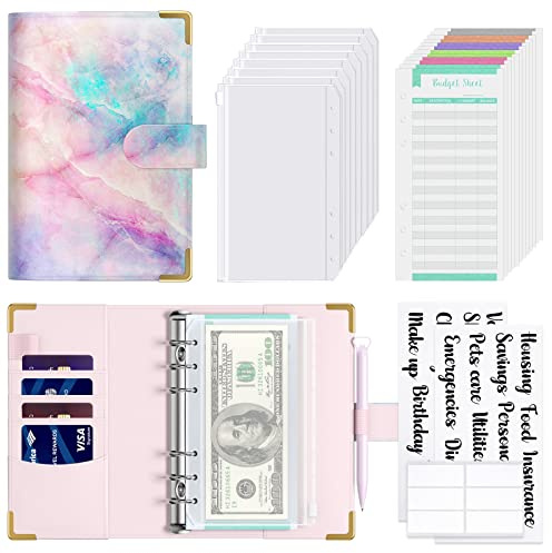 Hnogri Budget Binder with Cash Envelopes, Money Saving Binder, Dream Marble | Zipper Cash Envelopes for Budgeting, PU Leather Budget Planner Money Organizer for Cash Bills, Floral Budget Wallet for Women
