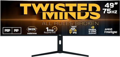Twisted Minds Monitor da gioco Fast IPS Display 49’’ - Risoluzione 5120 x 2880 FHD, frequenza aggiornamento 75 Hz, rapporto d’aspetto 16:9, tempo di risposta 1ms - Nero (TM492K75IPS)