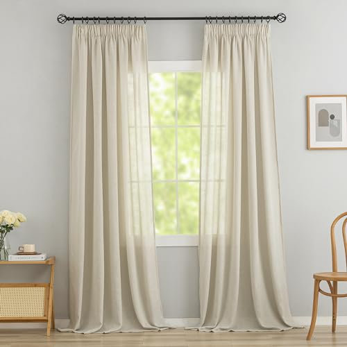 VOILYBIRD 2er Set Leinen Mischgewebe Vorhänge mit Kräuselband Leinenoptik Gardinen für Schlafzimmer Wohnzimmer (HxB 245 x 140 cm, Beige)