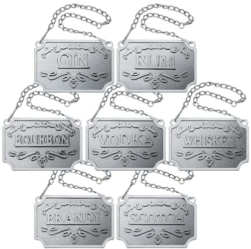 Beeveer 7 Pcs Liquor Decanter Tags Alcohol Labels with Adjustable Chain Set for All Liquor Bottle Home Bar Dad Gifts, Whiskey Scotch Bourbon Gin Rum Vodka Brandy (Silver)