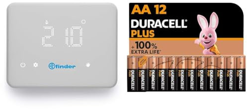 Finder BLISS - Cronotermostato Wi-fi digitale Tipo 1C.9, Funzione estate/inverno, Bianco & Duracell Batterie Plus AA (pacco da 12) Alcalina 1.5V - Fino al 100% di extra durata