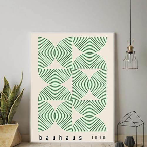 KemneT Bauhaus-Leinwandgemälde mit abstrakter grüner Liniengeometrie zeitgenössische Wand Bilder Retro-Ausstellungsposter Kunstdrucke Bilder Raumdekoration 60 x 80 cm ungerahmt