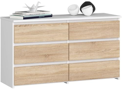 AKORD | Kommode CL-100 mit 6 Schubladen | Komodenschrank | Funktional | Für Wohnzimmer | Für Schlafzimmer | Langlebig | Rollenführung | ABS-Kante 35x100x57cm | Weiß + Sonoma Eiche Front