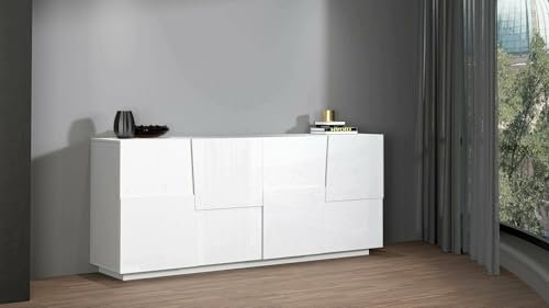 Dmora - Buffet Yago, Buffet de Salon, Buffet de Salon Moderne avec 4 Portes, 200x44h86 cm, Blanc Brillant