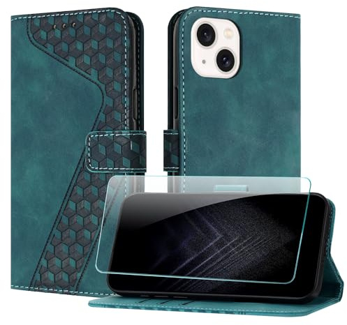 JayModCase Handyhülle für iPhone 14/13 (6,1 Zoll) mit Schutzfolie, Flip Wallet PU Leder iPhone 13 hülle [Kartenfach] [Magnet] [Ständer] 360 Stoßfeste Schutzhülle - Grün