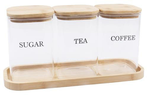 Xbopetda Tea and Coffee Canisters Set with Serving Tray, 3 Piece Glass Jar Storage Container Set, Airtight Food Storage Jars with Wooden Lid