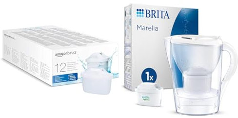 Amazon Basics Water Filter Cartridges, 12 Pack, fits and Compatible & BRITA Marella Water Filter Jug White (2.4L) incl. 1x MAXTRA PRO All-in-1 Cartridge - Fridge-Fitting jug