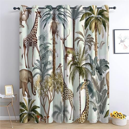 CozyRest Tropical Palm Trees Curtains - Wild Animals Deer Giraffe And Elephant Pattern Eyelet Thermal & Room Darkening Blackout Window Drapes for Bedroom Living Room 2 Panels 92 x 72 in