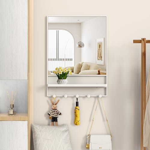 WONSTART Miroir Mural avec étagère et Crochets, Miroir de courtoisie avec Crochet, 53,3 x 71,1 cm, Miroir décoratif pour Salle de Bain, entrée, Chambre à Coucher, Salon