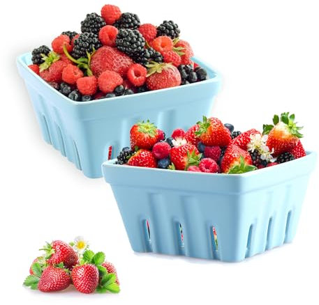 TOLIDA Lot de 2 paniers à baies carrés en céramique avec trous - Passoire à baies pour fruits et légumes - Grand bleu